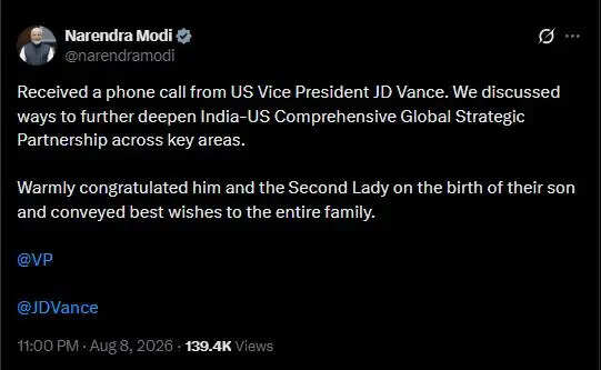 पीएम मोदी ने अमेरिकी उपराष्ट्रपति से की फोन पर बातचीत, भारत-अमेरिका संबंधों को और मजबूत करने पर जोर