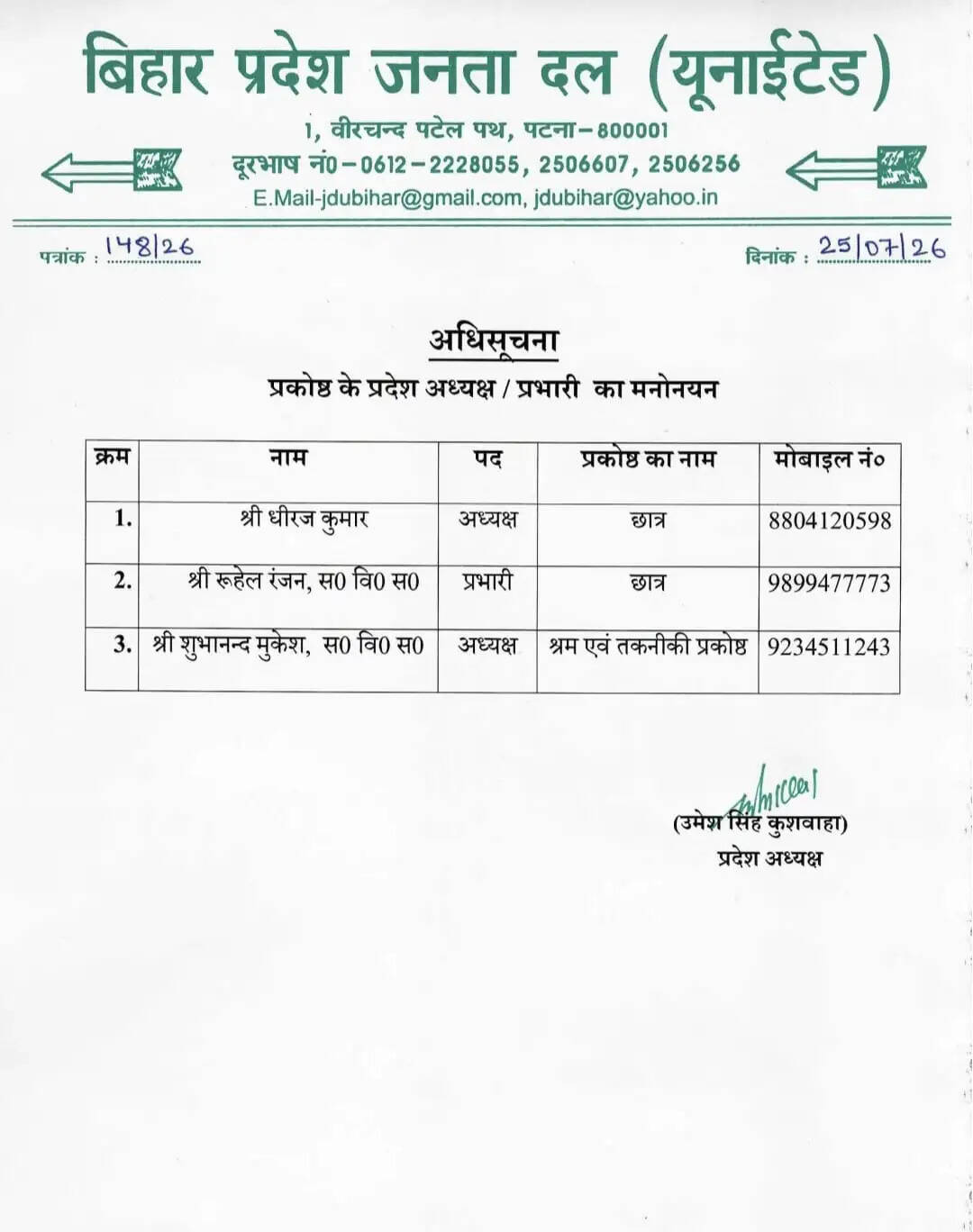 जदयू छात्र प्रकोष्ठ के अध्यक्ष बने धीरज, रूहेल प्रभारी एवं शुभानंद मुकेश काे मिला श्रम एवं तकनीकी प्रकोष्ठ का अध्यक्ष पद