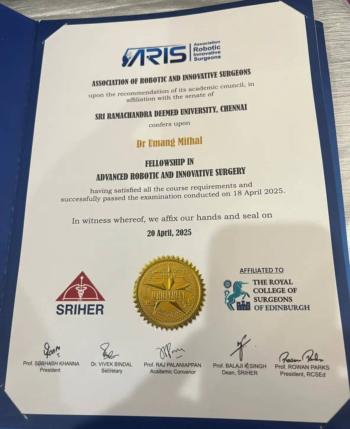 मेरठ&nbsp;के&nbsp;सर्जिकल ऑन्कोलॉजिस्ट&nbsp;डॉ.&nbsp;उमंग&nbsp;मित्तल&nbsp;को&nbsp;रोबोटिक सर्जरी में&nbsp;मिली&nbsp;फेलोशिप