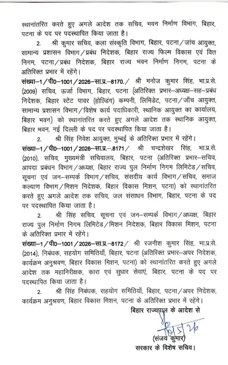 बिहार में आईएएस अधिकारियों का तबादला, कुमार रवि स्वास्थ्य, लोकेश कुमार सिंह पर्यटन, प्रणव कुमार भवन निर्माण विभाग के सचिव बनें