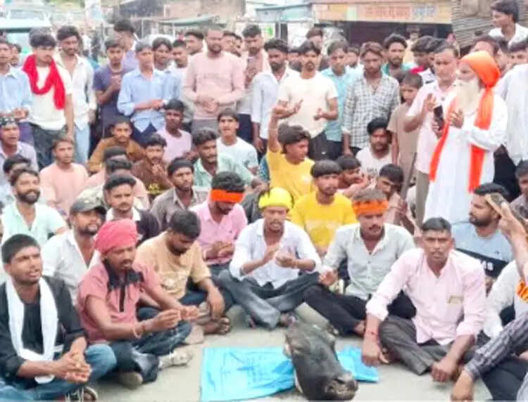 खेत में गाय के अवशेष मिलने से हड़कंप, हाईवे पर हिंदू संगठनों का प्रदर्शन