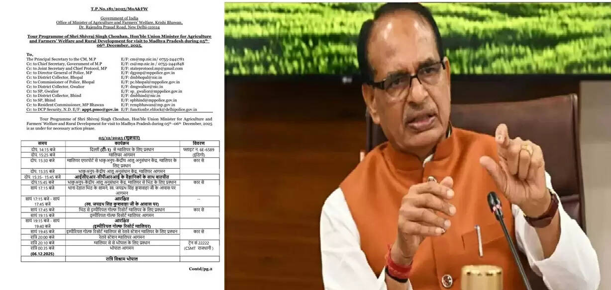 केंद्रीय कृषि मंत्री शिवराज सिंह चौहान का ग्वालियर-भिंड दौरा आज