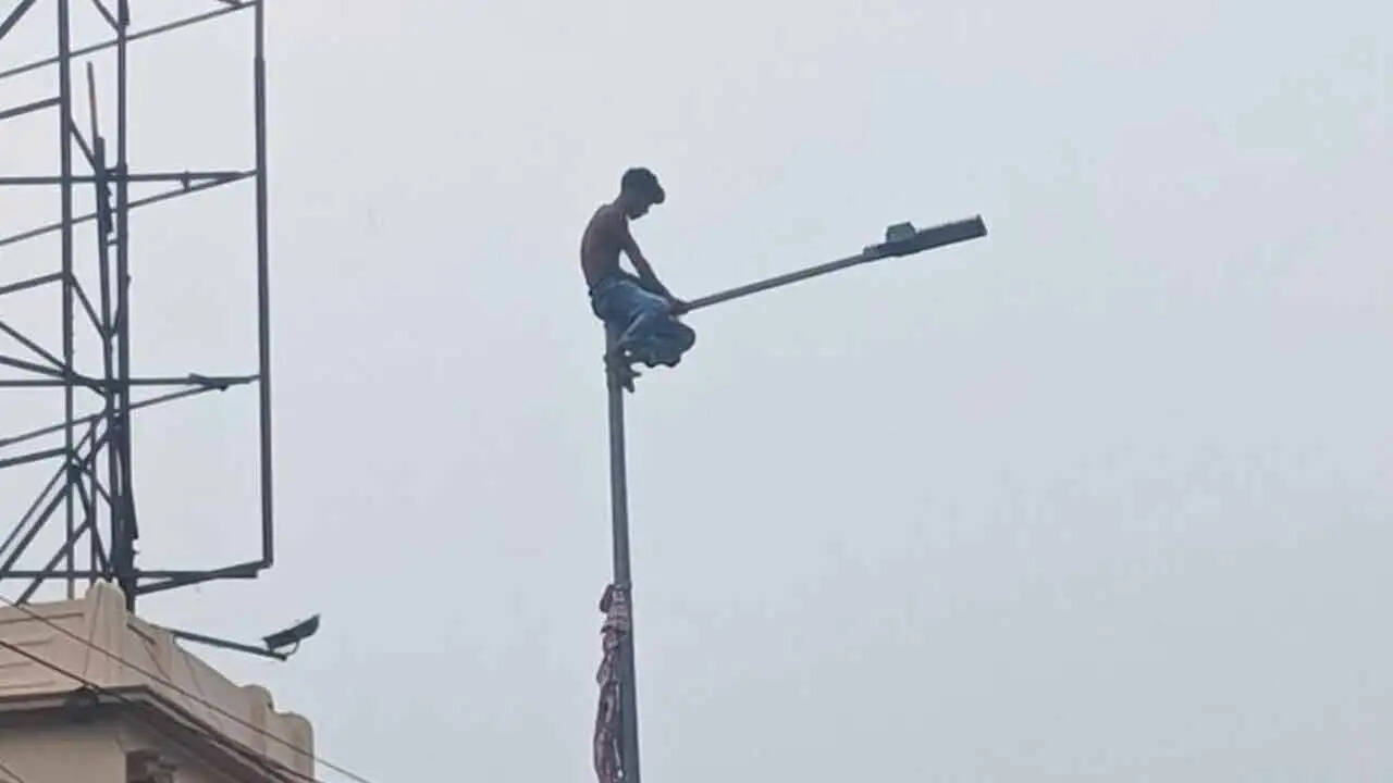 टाला सेतु पर लैम्पपोस्ट पर चढ़ा युवक, यातायात बाधित