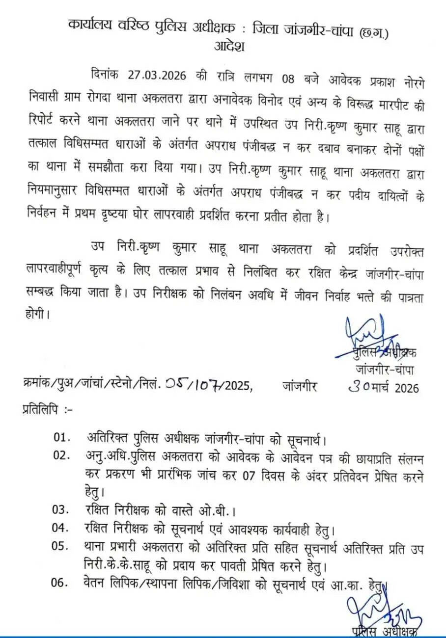 जांजगीर-चांपा पुलिस की बड़ी कार्रवाई, अकलतरा थाने के उपनिरीक्षक निलंबित