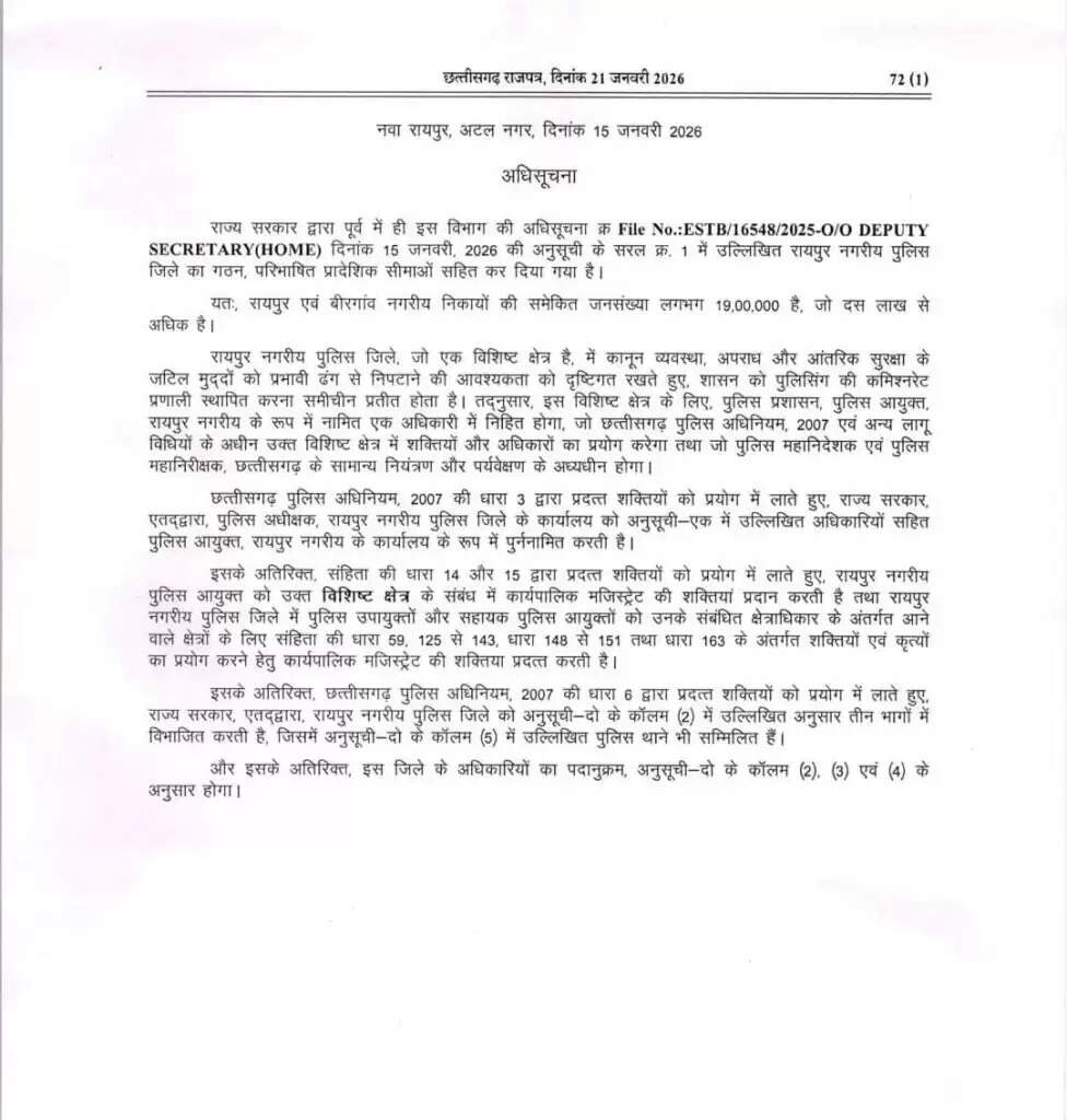 छत्तीसगढ़ की राजधानी रायपुर में पुलिस कमिश्नरी प्रणाली 23 जनवरी 2026 से प्रभावशील