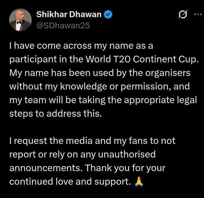 वर्ल्ड टी20 कॉन्टिनेंट कप में खेलने की खबरों पर शिखर धवन की सफाई, कहा-मेरी अनुमति के बिना नाम का इस्तेमाल किया गया
