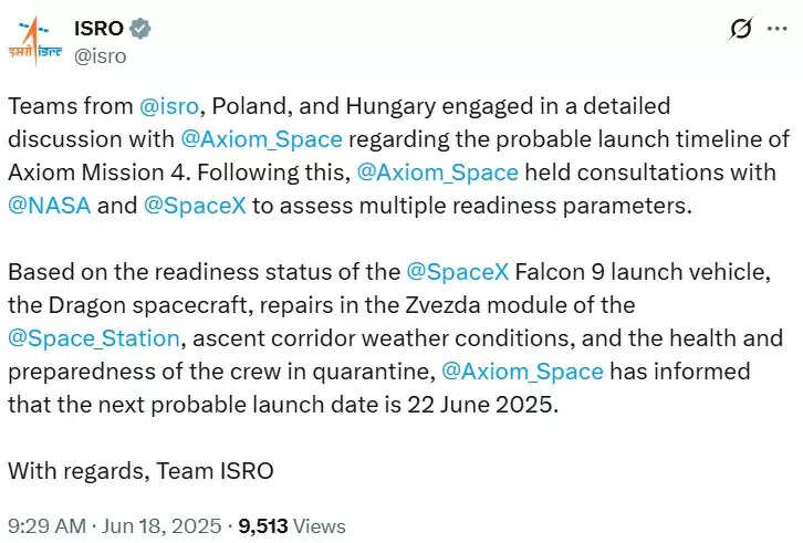 एक्सिओम मिशन-4 की लॉन्चिंग 22 जून को संभावित