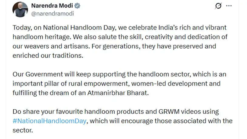 प्रधानमंत्री मोदी ने राष्ट्रीय हथकरघा दिवस पर बुनकरों का किया अभिवादन