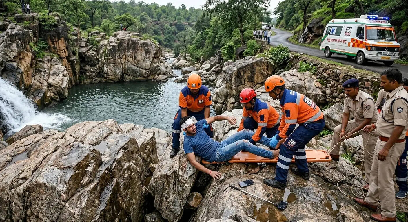 जबलपुर : कुंड में सेल्फी लेते समय युवक पत्थरों के बीच गिरा, 108 की टीम ने बचाया