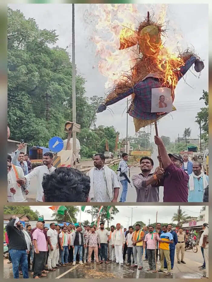 वर्षाकाल में आशियाने उजाड़ने पर कांग्रेस ने भानपुरी में मुख्यमंत्री का किया पुतला दहन