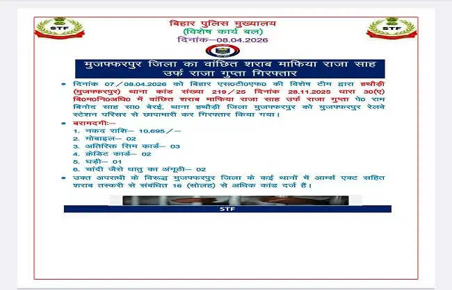 बिहार के मुजफ्फरपुर स्टेशन से कुख्यात शराब माफिया राजा साह गिरफ्तार