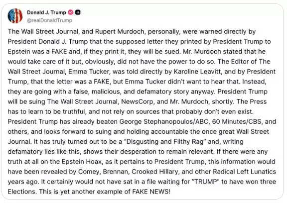 ट्रंप 'कथित अश्लील पत्र' छापने पर द वाल स्ट्रीट जर्नल, न्यूजकॉर्प और रूपर्ट मर्डोक पर भड़के, मुकदमा करेंगे