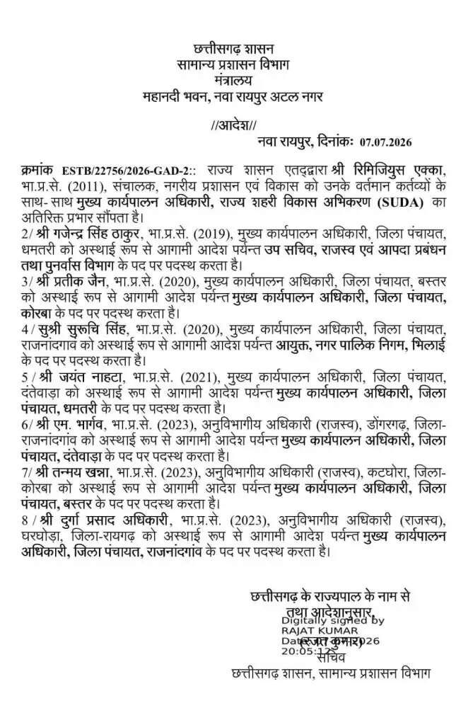 छग :भारतीय प्रशासनिक सेवा के आठ अधिकारियों का स्थानांतरण