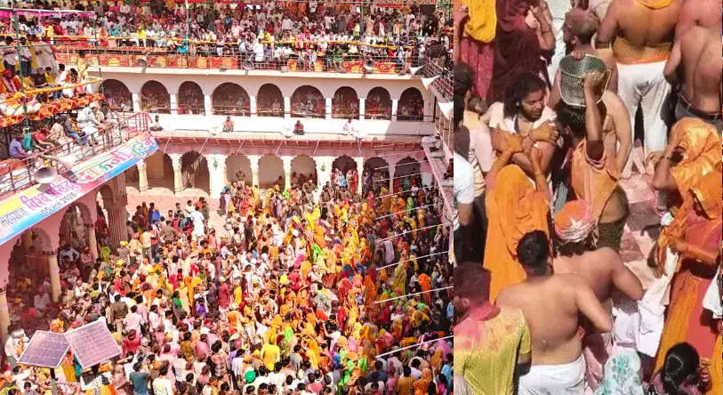 दाऊजी मंदिर में हो रहा हुरंगा, हुरियारों पर बरस रहे कोड़े