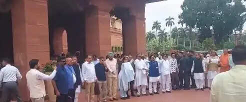 संसद के मकर द्वार पर विपक्ष का प्रदर्शन, धर्मेंद्र प्रधान के इस्तीफे की मांग पर अड़े सांसद