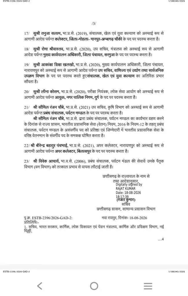 छत्तीसगढ़ में बड़ा प्रशासनिक फेरबदल, छह जिलों के कलेक्टर बदले गए, 22 आईएएस अधिकारियों को नई जिम्मेदारी
