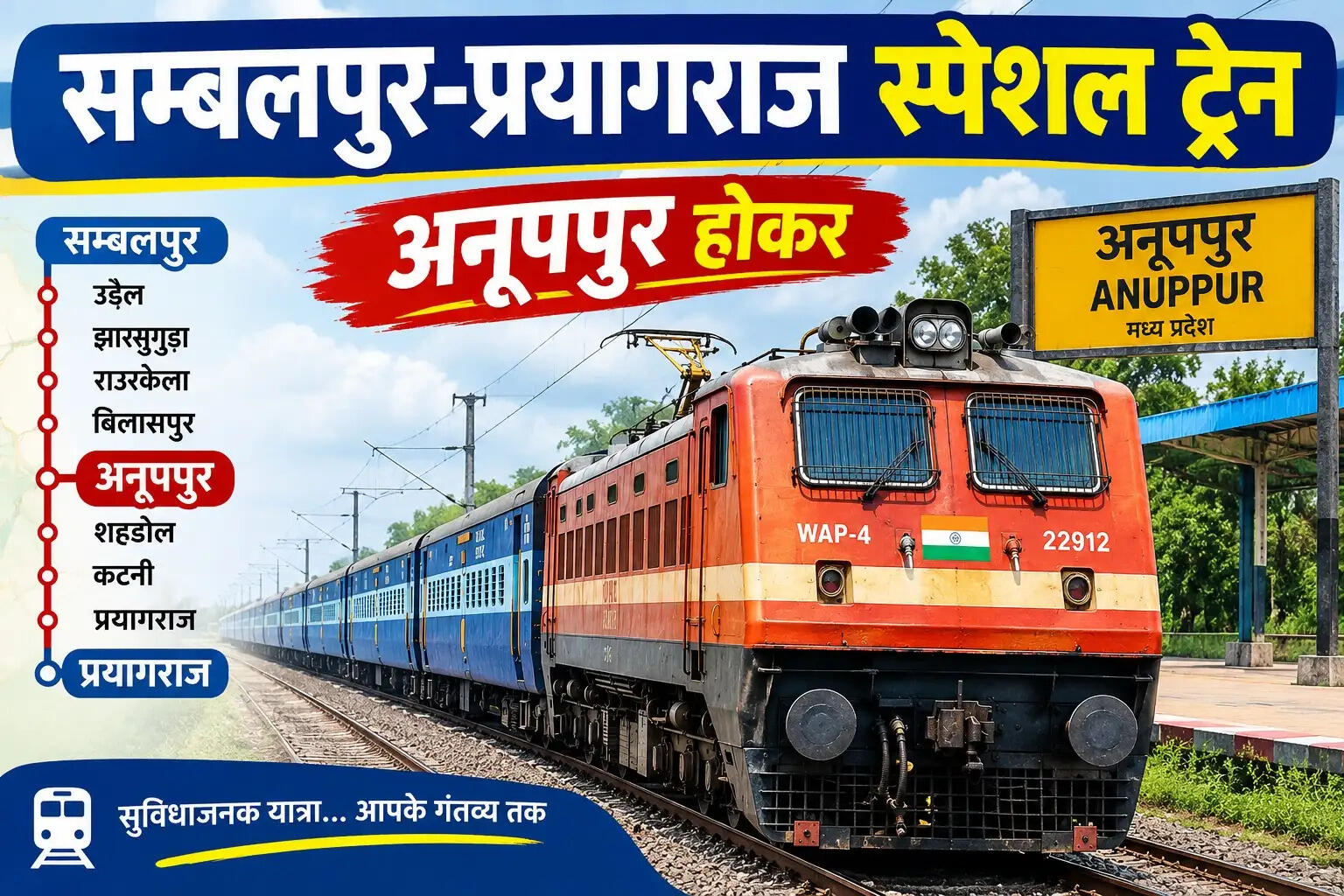 अनूपपुर: सम्बलपुर-प्रयागराज के मध्य अनूपपुर होकर 23 अक्टूबर को एक तरफा एक फेरे के लिए स्पेशल ट्रेन का परिचालन