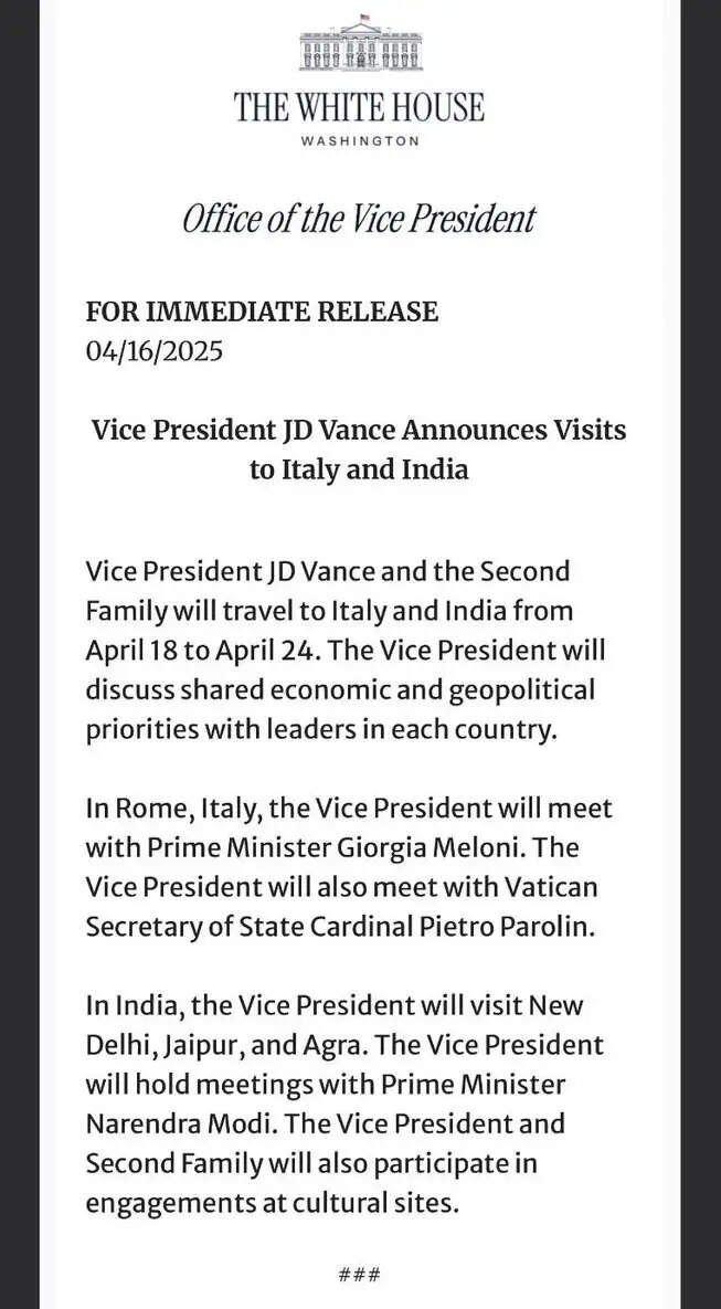 अमेरिकी उपराष्ट्रपति जे.डी. वेंस की इटली और भारत यात्रा की घोषणा