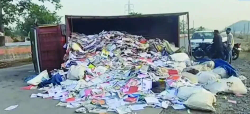 कोरबा में सोनपुरी पुल के पास कागजों से भरी मिनी ट्रक पलटा, चालक बाल-बाल बचा