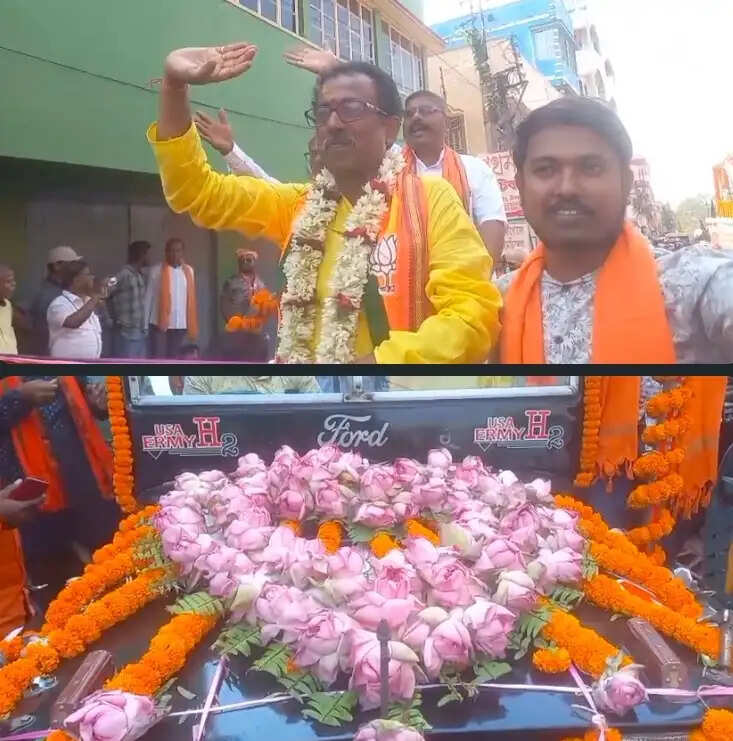 चुनाव 26 : एक सौ आठ कमल फूलों से सजी गाड़ी में सवार होकर भाजपा प्रत्याशी ने किया नामांकन