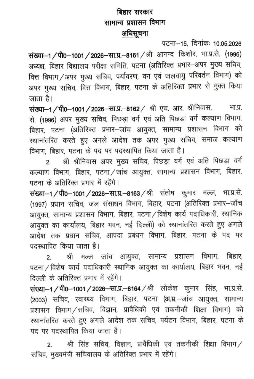 बिहार में आईएएस अधिकारियों का तबादला, कुमार रवि स्वास्थ्य, लोकेश कुमार सिंह पर्यटन, प्रणव कुमार भवन निर्माण विभाग के सचिव बनें