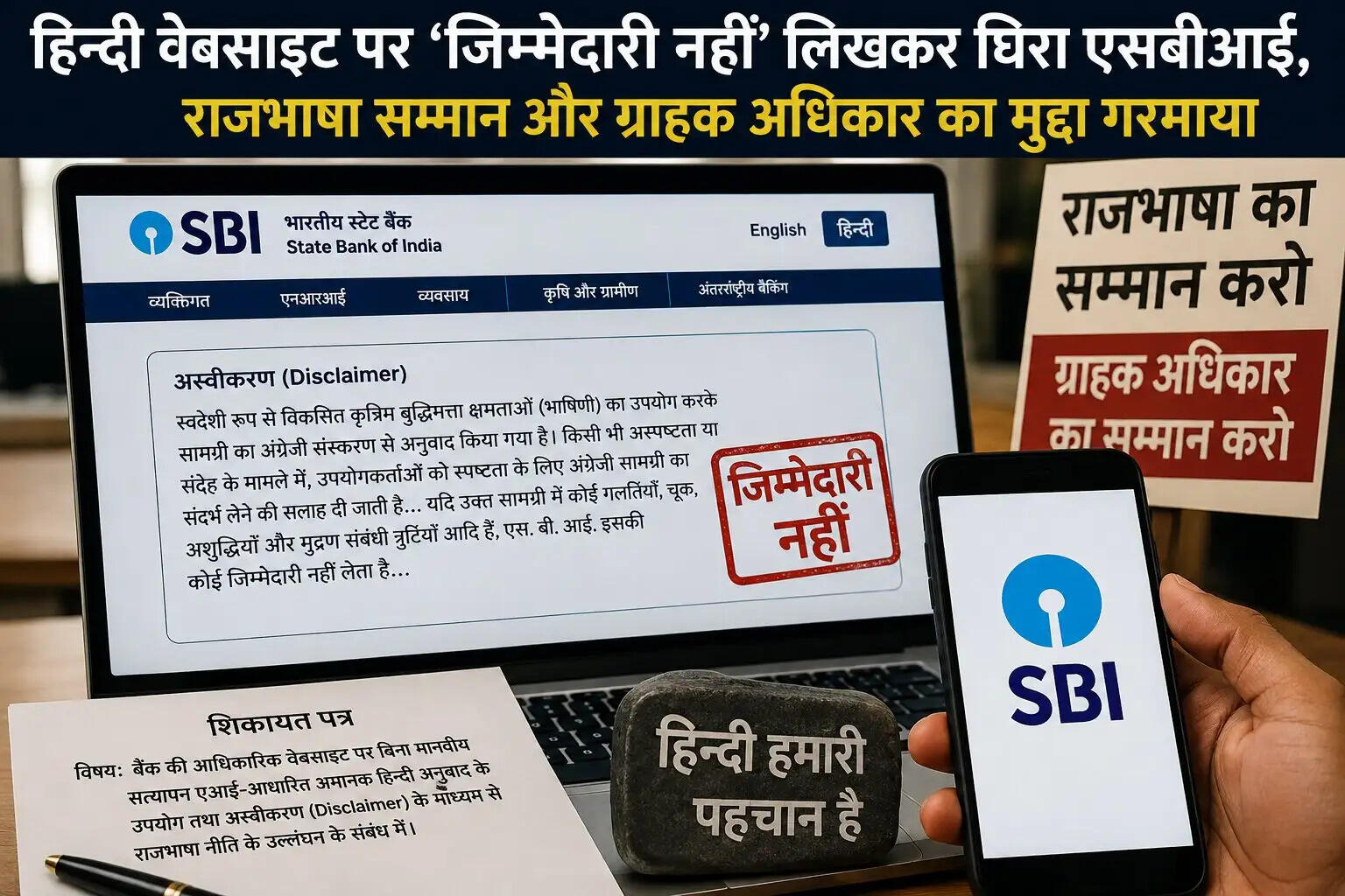 हिन्दी वेबसाइट पर ‘जिम्मेदारी नहीं’ लिखकर घिरा एसबीआई, राजभाषा सम्मान और ग्राहक अधिकार का मुद्दा गरमाया