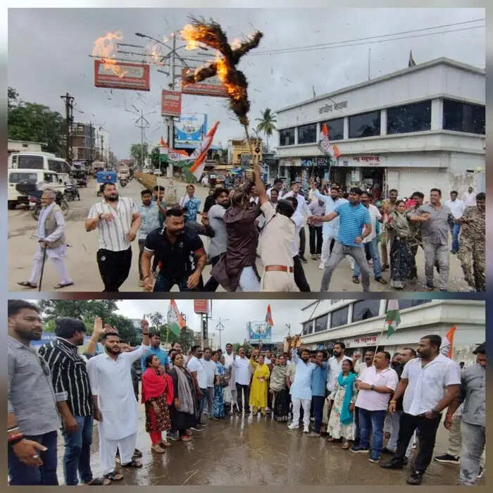 कांग्रेस ने नकटी में आशियाना उजाड़े जाने के विराेध में मुख्यमंत्री का किया पुतला दहन