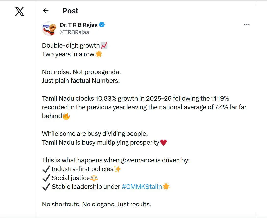 (अपडेट) लगातार दूसरे वर्ष तमिलनाडु ने दर्ज की डबल-डिजिट आर्थिक वृद्धि, 2030 तक एक ट्रिलियन डॉलर अर्थव्यवस्था का लक्ष्य