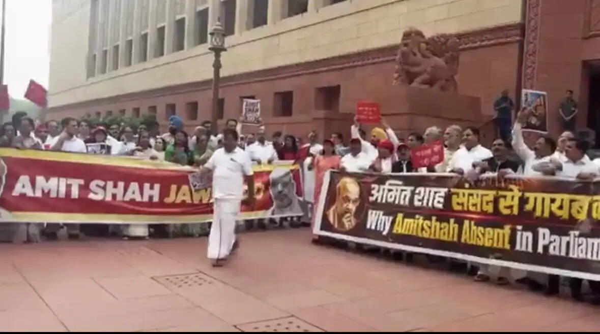 प्रदर्शनकारी छात्रों पर पुलिस कार्रवाई व अन्य मुद्दों पर विपक्ष का संसद परिसर में प्रदर्शन, गृहमंत्री से जवाब की मांग