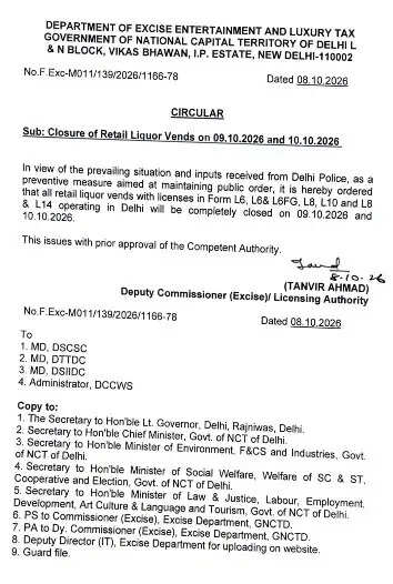 दिल्ली में 9 और 10 अक्टूबर को बंद रहेंगी सभी शराब की दुकानें, आबकारी विभाग ने जारी किया आदेश