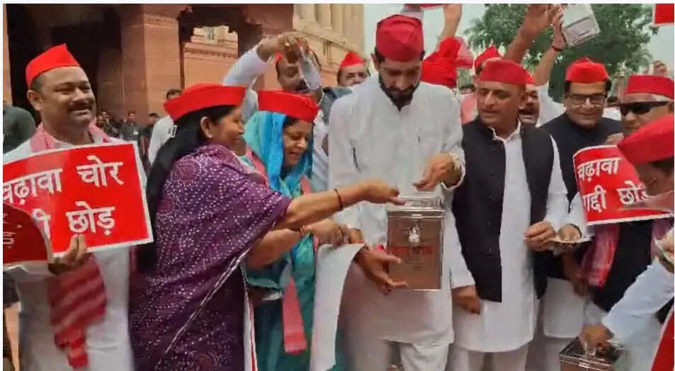 दानपेटी लेकर संसद पहुंचे सपा सांसद, केंद्र सरकार पर लगाए गंभीर आरोप