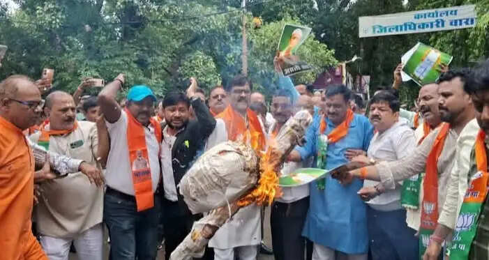 वाराणसी में भाजपा पार्षदों ने अखिलेश यादव के प्रतीकात्मक पुतले का किया दहन