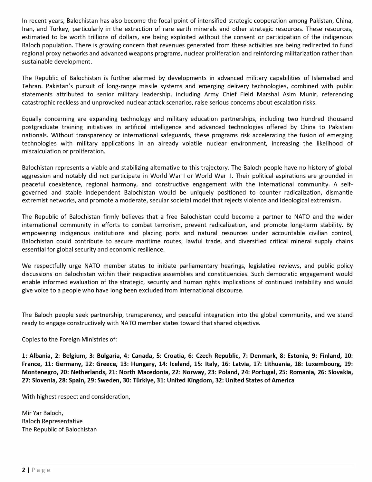 बलोच नेताओं ने नाटो सदस्य देशों को लिखा पत्र, पाकिस्तान, ईरान पर लगाया अस्थिरता, आतंक फैलाने का आरोप