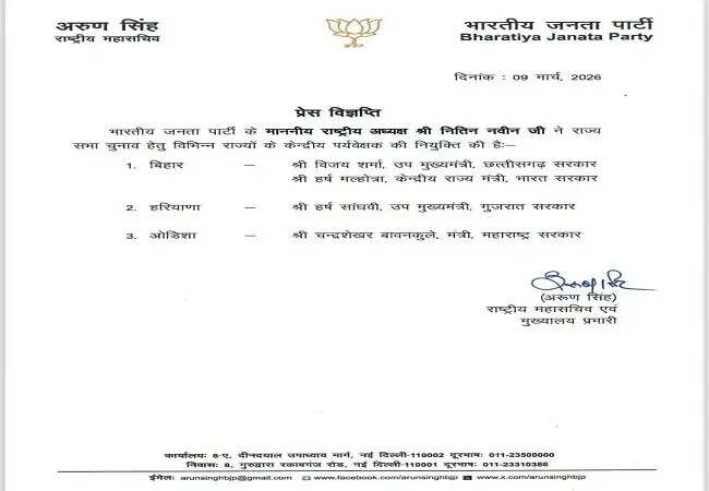 राज्यसभा चुनाव: भाजपा ने बिहार के लिए नियुक्त किए दो पर्यवेक्षक, 16 मार्च को होगा मतदान