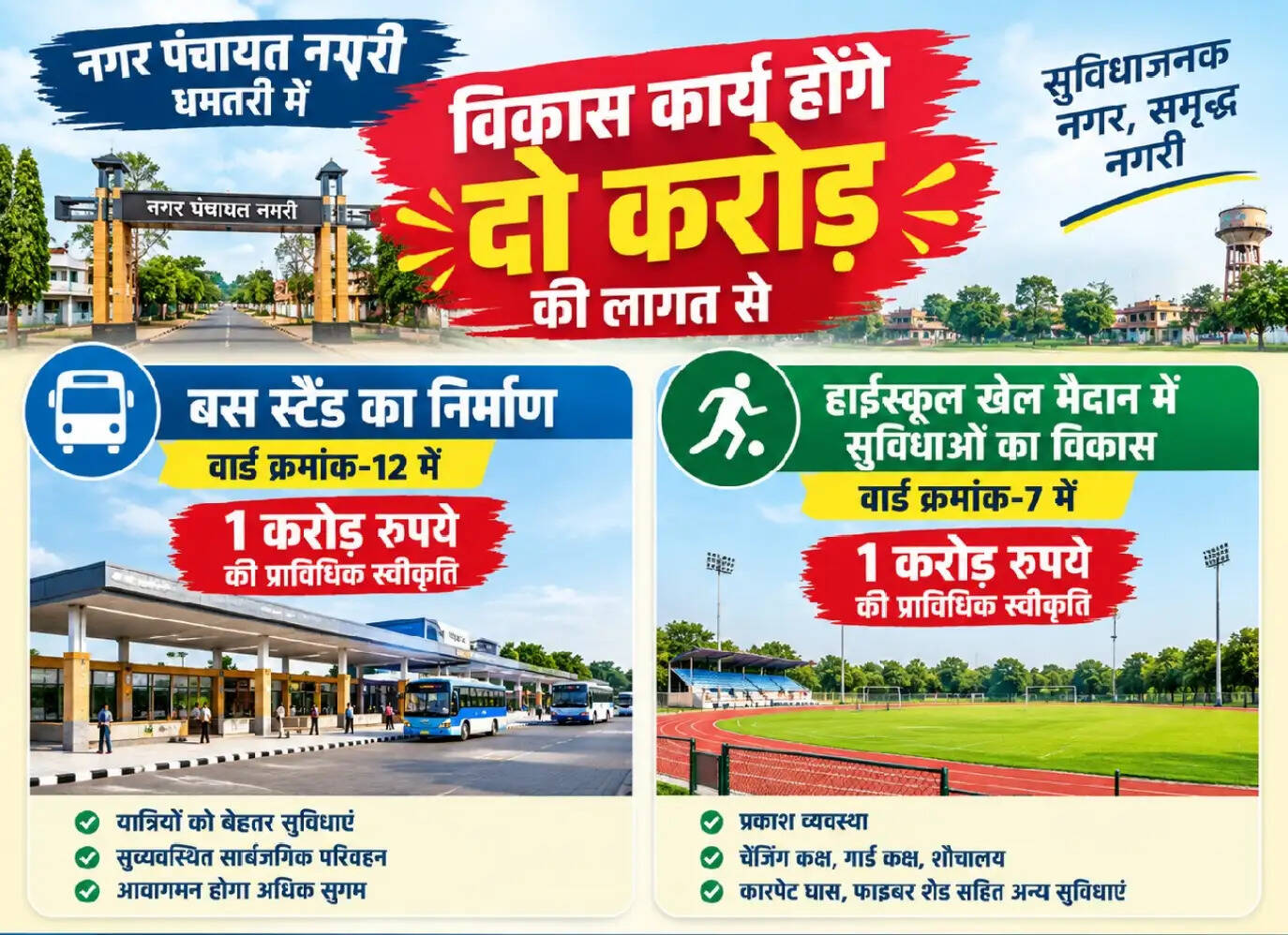 नगरी में दो करोड़ रुपये से होंगे विकास कार्य, बस स्टैंड और खेल मैदान का होगा कायाकल्प