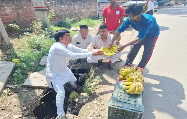 सोनीपत: जिला पार्षद ने गड्ढे में बैठकर बेचे फल,सुरक्षित सड़कें देने की मांग