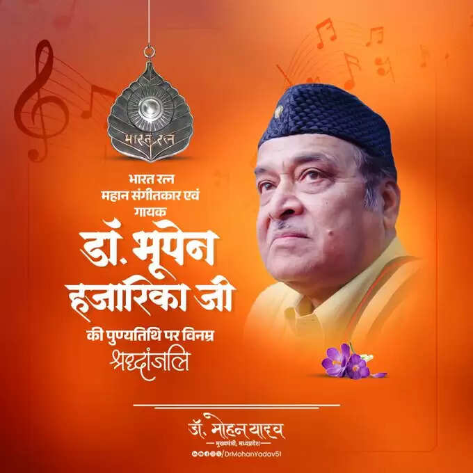 मुख्यमंत्री डॉ. यादव ने भारत रत्न' डॉ. भूपेन हजारिका की पुण्यतिथि पर श्रद्धांजलि अर्पित की