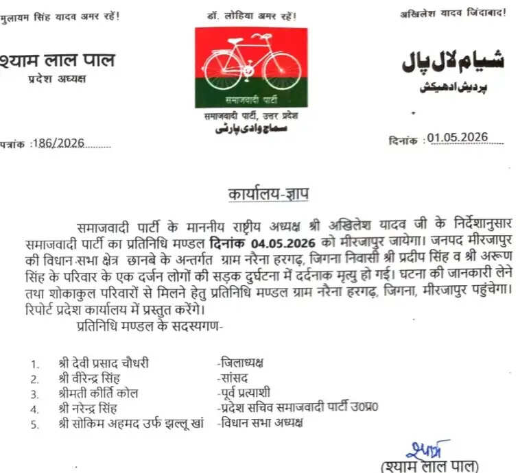 दुर्घटना पीड़ित परिवारों से मिलने मीरजापुर आएगा सपा प्रतिनिधिमंडल
