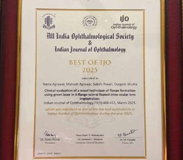 इंदौरः जटिल मोतियाबिंद सर्जरी के पश्चात लेंस प्रत्यारोपण पर शोध के लिए डॉ. टीना अग्रवाल को मिला राष्ट्रीय सम्मान