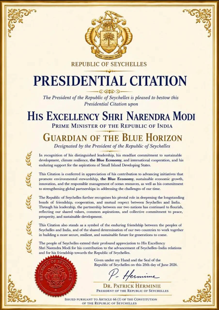 (अपडेट) प्रधानमंत्री मोदी को सेशेल्स का ‘गार्जियन ऑफ द ब्लू होराइजन’ सम्मान