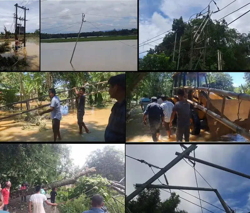 बाढ़ के बीच बिजली के खंभों पर चढ़कर विद्युत आर्पित के काम में जुटे एपीडीसीएल के कर्मचारी