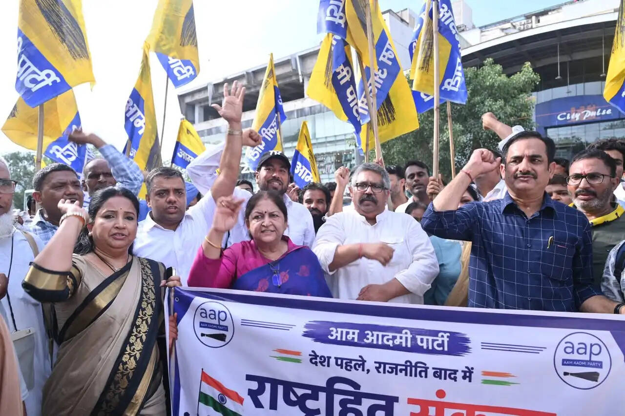 ई-20 पेट्रोल के विरोध में आम आदमी पार्टी का पैदल मार्च
