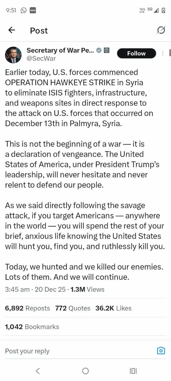 सीरिया में आईएसआईएस के 70 ठिकानों पर अमेरिका के हवाई हमले, बदले की कार्रवाई बताया