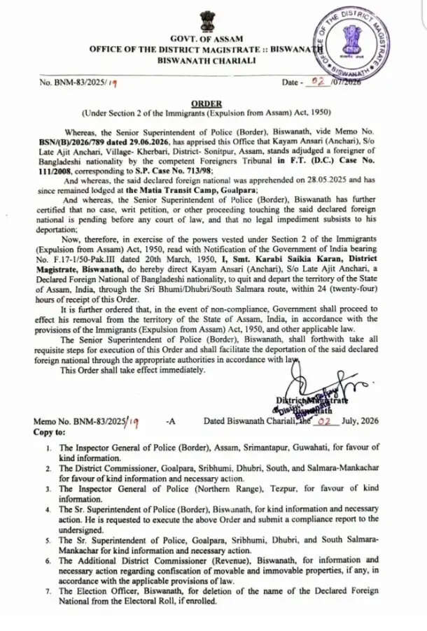 24 घंटे के भीतर असम छोड़ने का निर्देश, घोषित बांग्लादेशी नागरिक कायम अंसारी को नोटिस