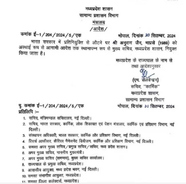 आईएएस अनुराग जैन मध्य प्रदेश के नए मुख्य सचिव नियुक्त,  केन्द्रीय प्रतिनियुक्त से लौटेंगे वापस