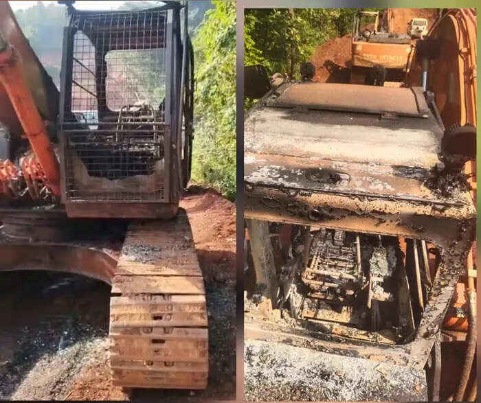 छत्तीसगढ़ के कांकेर चेमल माइंस में अज्ञात द्वारा चैन माउंट मशीन पर लगाई आग, मौके पर मिला पर्चा