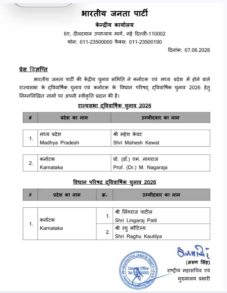 राज्य सभा चुनाव के लिए भाजपा ने जारी की सूची, मध्यप्रदेश से महेश केवट को बनाया उम्मीदवार