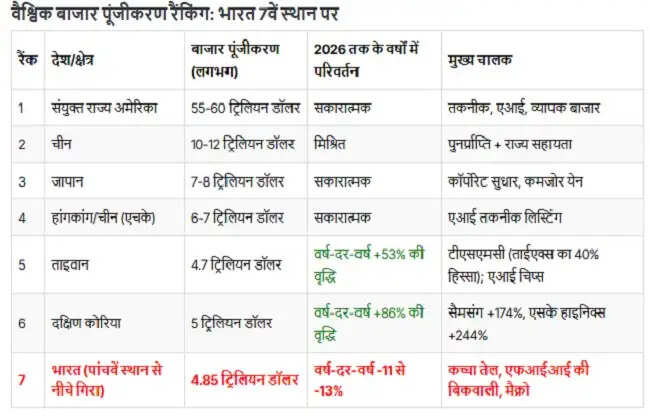 भारतीय शेयर बाजार वैश्विक बाजार पूंजीकरण रैंकिंग में 7वें स्थान पर खिसका