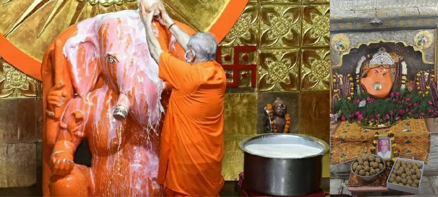 सोम पुष्य नक्षत्र: प्रथम पूज्य का पंचामृत अभिषेक कर सजाई  फूल बंगले झांकी