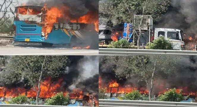 यमुना एक्सप्रेस-वे पर बस में लगी आग, कूदकर बचाई यात्रियों ने जान